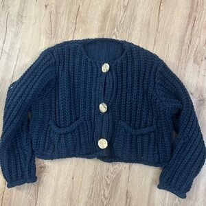 Navy Blue Chunky Knit Cardigan Sweater